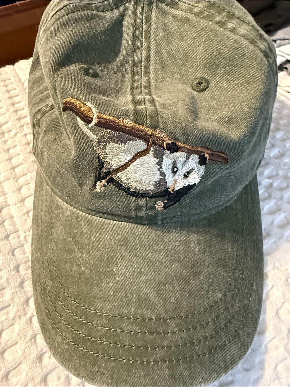 Washed Olive Green Baseball Cap with Opossum Embroidery